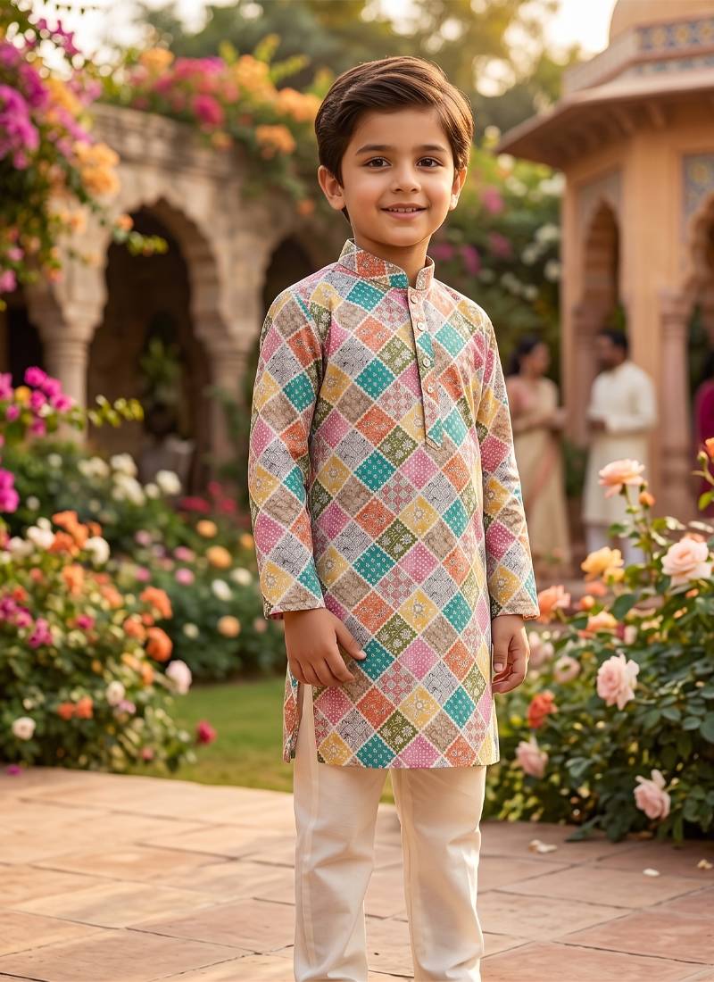 Multicolour printed cotton kurta set