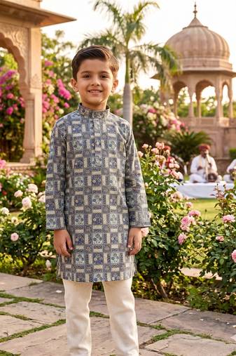 Blue printed cotton kurta set