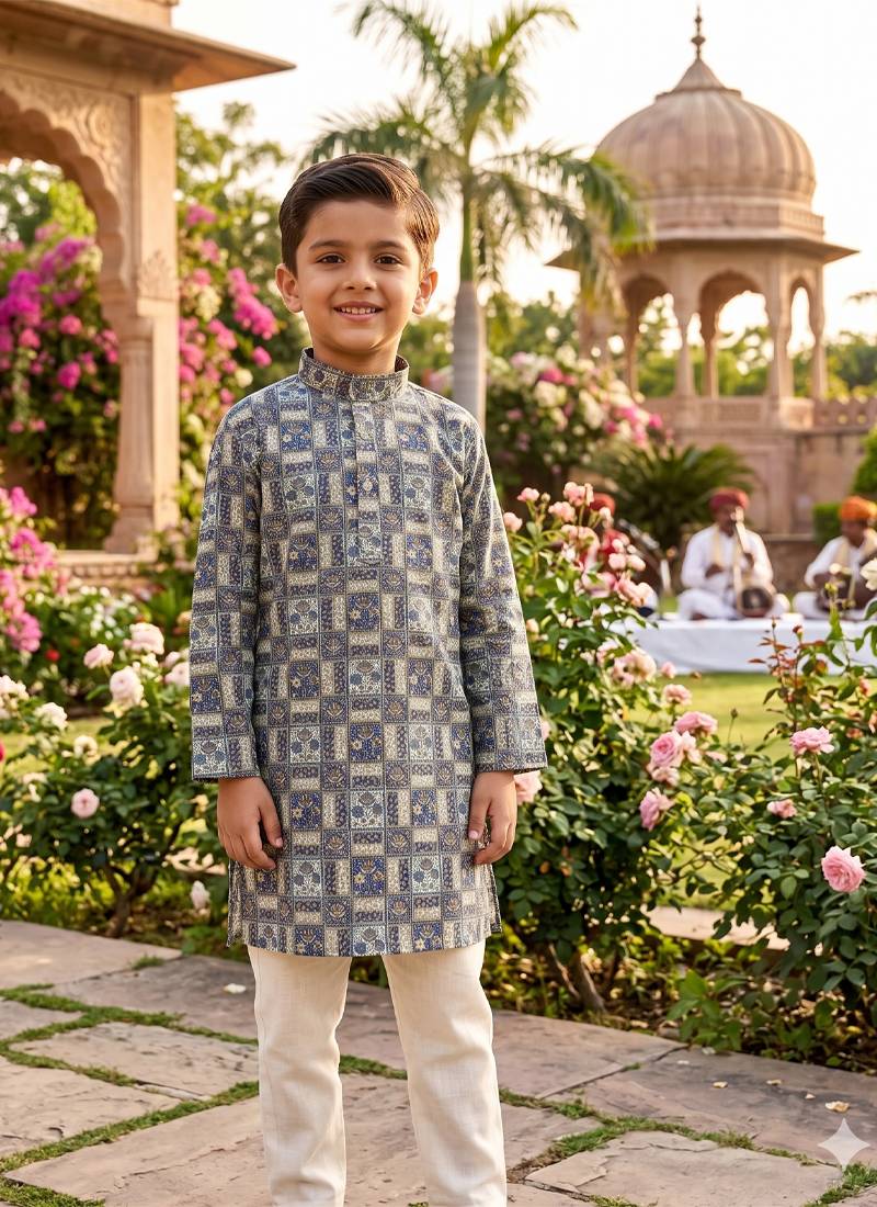 Blue printed cotton kurta set