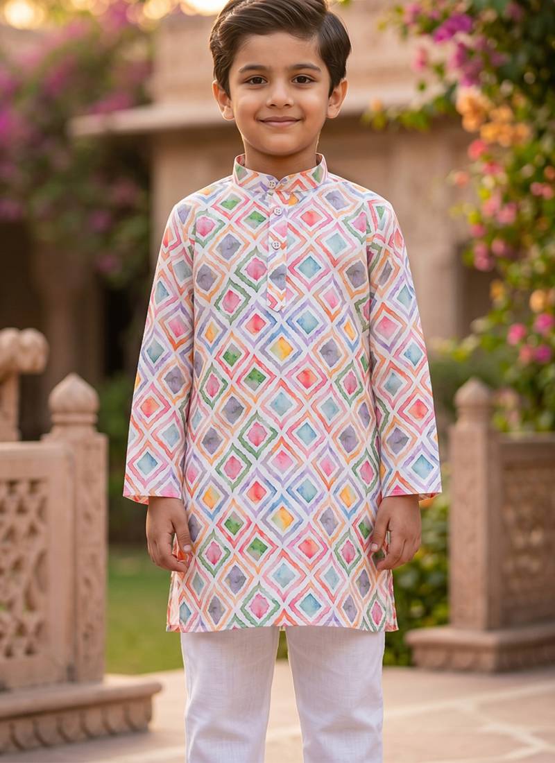 Multicolour printed cotton kurta set