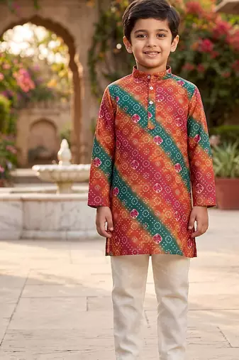 Orange printed cotton kurta set