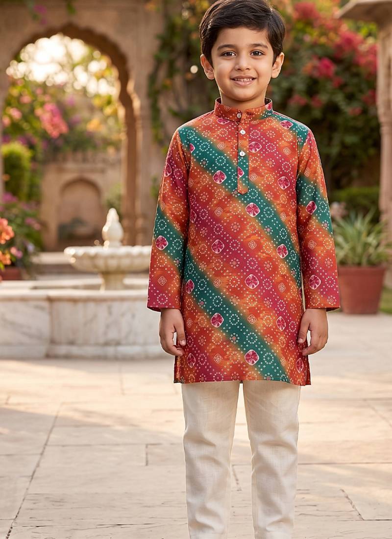 Orange printed cotton kurta set