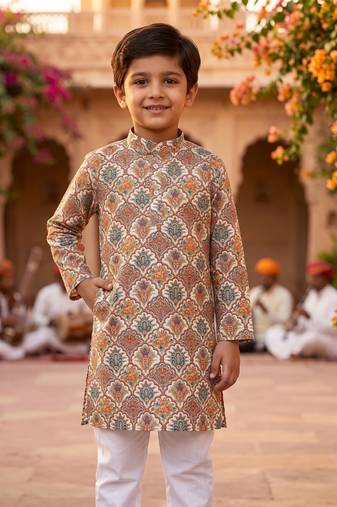 Offwhite printed cotton kurta set