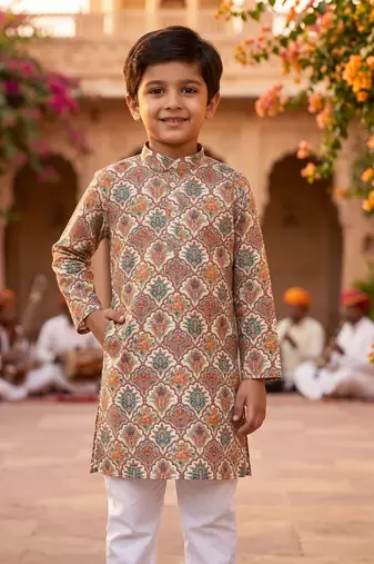 Offwhite printed cotton kurta set