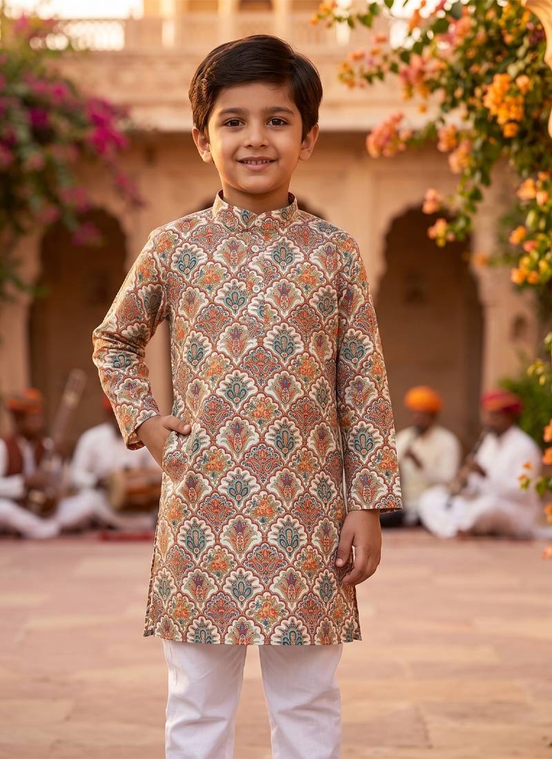 Offwhite printed cotton kurta set