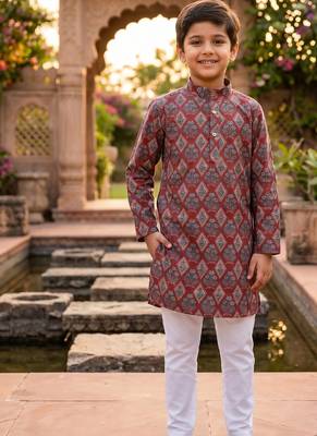 Maroon printed cotton kurta set 1