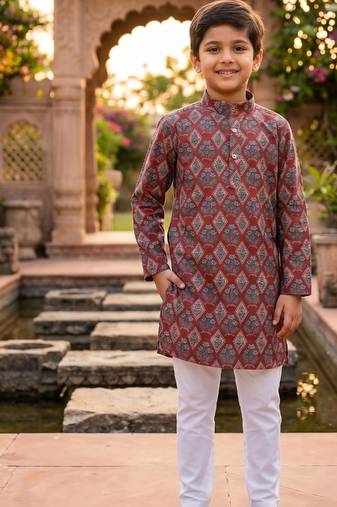 Maroon printed cotton kurta set