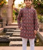 Maroon printed cotton kurta set