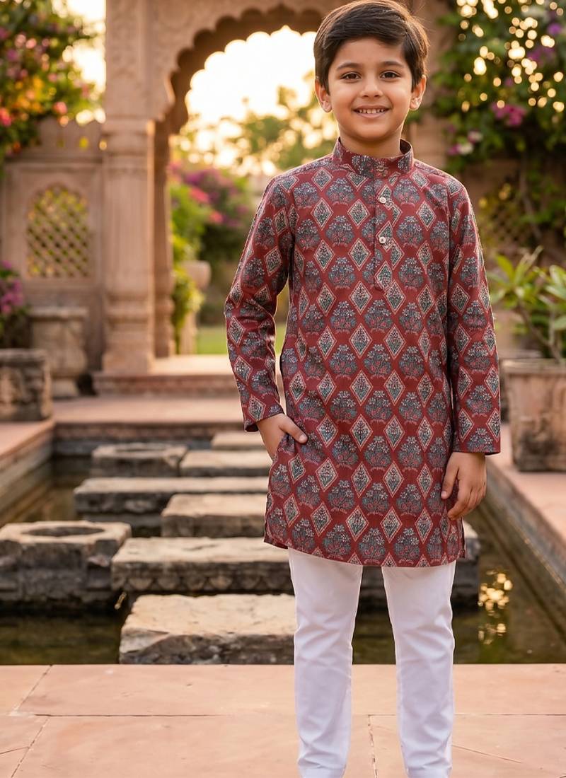 Maroon printed cotton kurta set