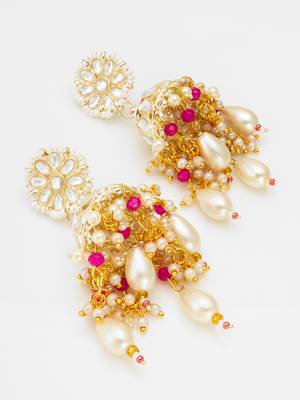 kundan jhumka earrings with baroque pearl drops and pink bead accents 2