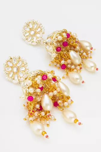 kundan jhumka earrings with baroque pearl drops and pink bead accents