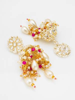 kundan jhumka earrings with baroque pearl drops and pink bead accents 3