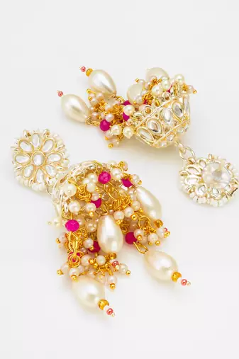 kundan jhumka earrings with baroque pearl drops and pink bead accents