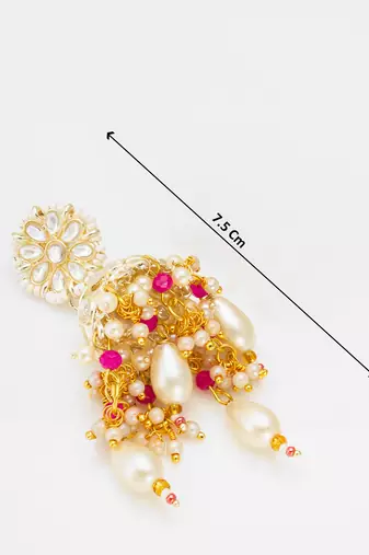 kundan jhumka earrings with baroque pearl drops and pink bead accents