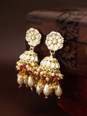 kundan jhumka earrings with baroque pearl drops and pink bead accents 5