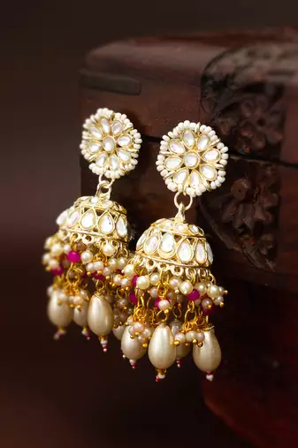 kundan jhumka earrings with baroque pearl drops and pink bead accents