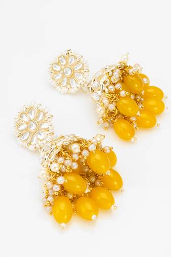 kundan jhumka earrings with yellow oval bead cluster drops