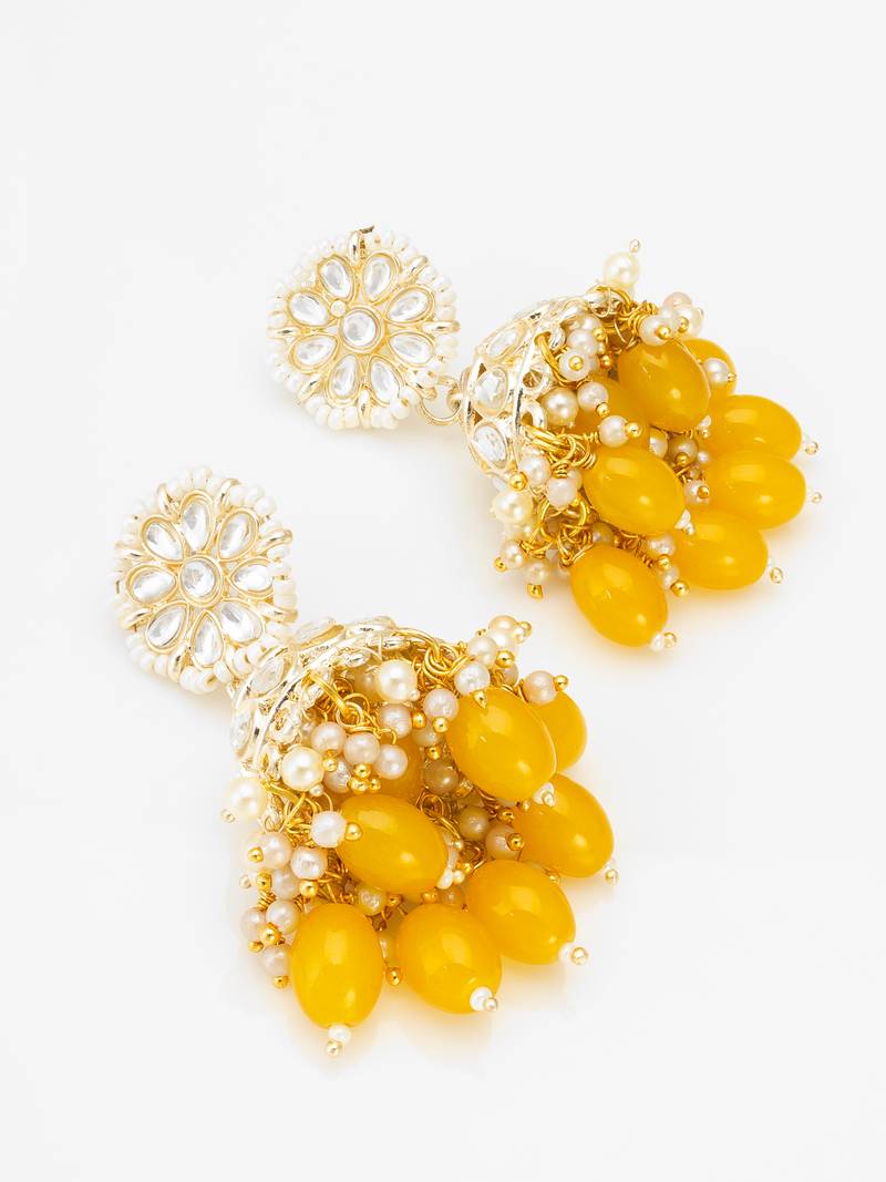 kundan jhumka earrings with yellow oval bead cluster drops