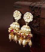 kundan jhumka earrings with baroque pearl drops and pink bead accents