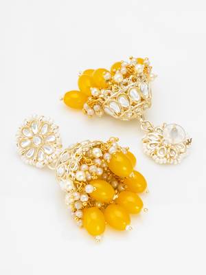 kundan jhumka earrings with yellow oval bead cluster drops 2