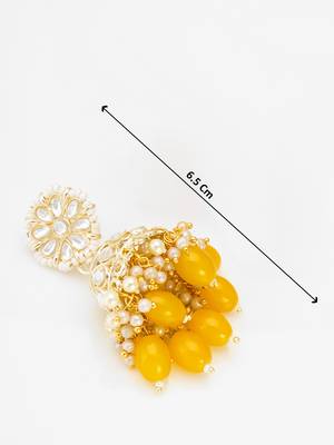 kundan jhumka earrings with yellow oval bead cluster drops 3