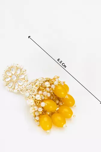 kundan jhumka earrings with yellow oval bead cluster drops