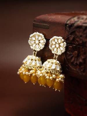 kundan jhumka earrings with yellow oval bead cluster drops 4