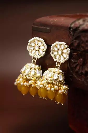 kundan jhumka earrings with yellow oval bead cluster drops