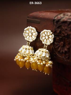 kundan jhumka earrings with yellow oval bead cluster drops 5