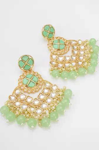 elegant gold plated mint green kundan chandelier earrings