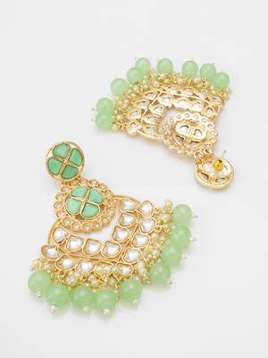 elegant gold plated mint green kundan chandelier earrings 3