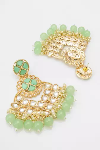 elegant gold plated mint green kundan chandelier earrings