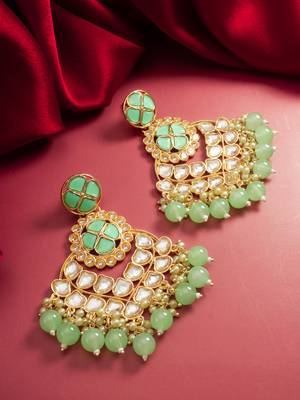 elegant gold plated mint green kundan chandelier earrings 5