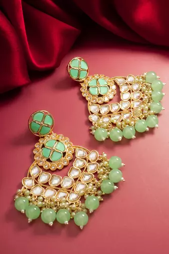 elegant gold plated mint green kundan chandelier earrings