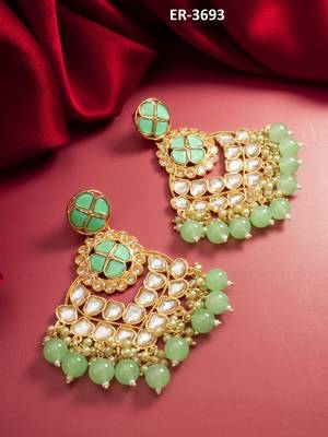 elegant gold plated mint green kundan chandelier earrings 1