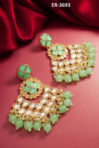 elegant gold plated mint green kundan chandelier earrings