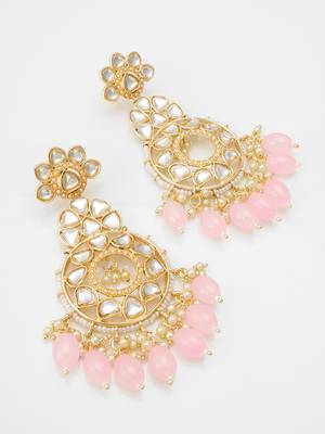 floral kundan chandelier earrings with pastel pink drops 2