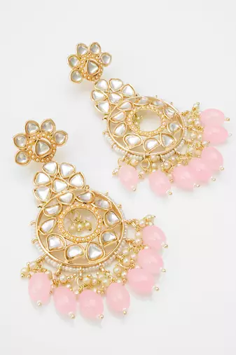 floral kundan chandelier earrings with pastel pink drops