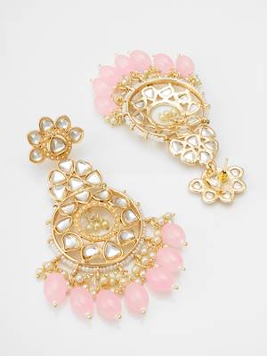 floral kundan chandelier earrings with pastel pink drops 3