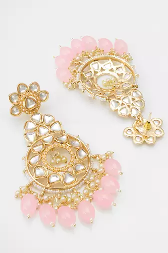 floral kundan chandelier earrings with pastel pink drops