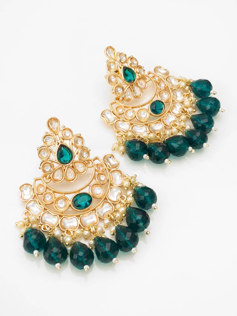 emerald kundan studded chandelier earrings