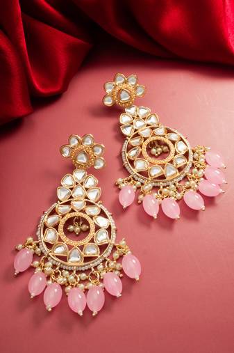 floral kundan chandelier earrings with pastel pink drops