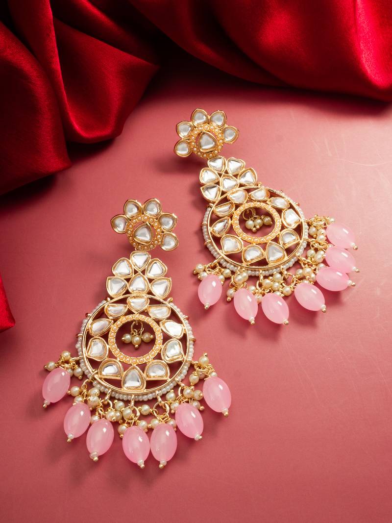 floral kundan chandelier earrings with pastel pink drops