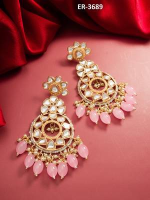 floral kundan chandelier earrings with pastel pink drops 5