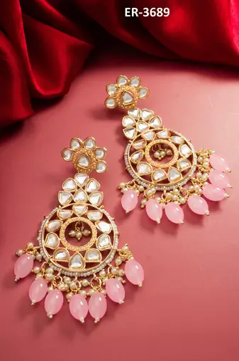 floral kundan chandelier earrings with pastel pink drops