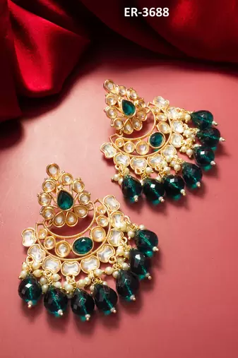 emerald kundan studded chandelier earrings