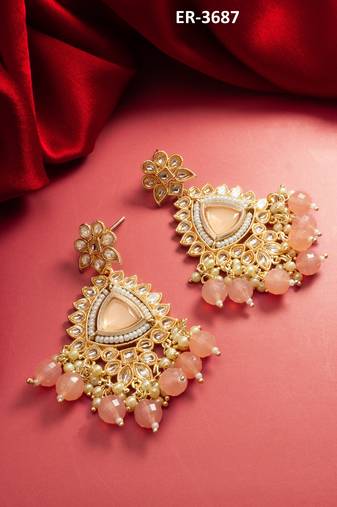 peach kundan studded floral chandelier earrings with beads