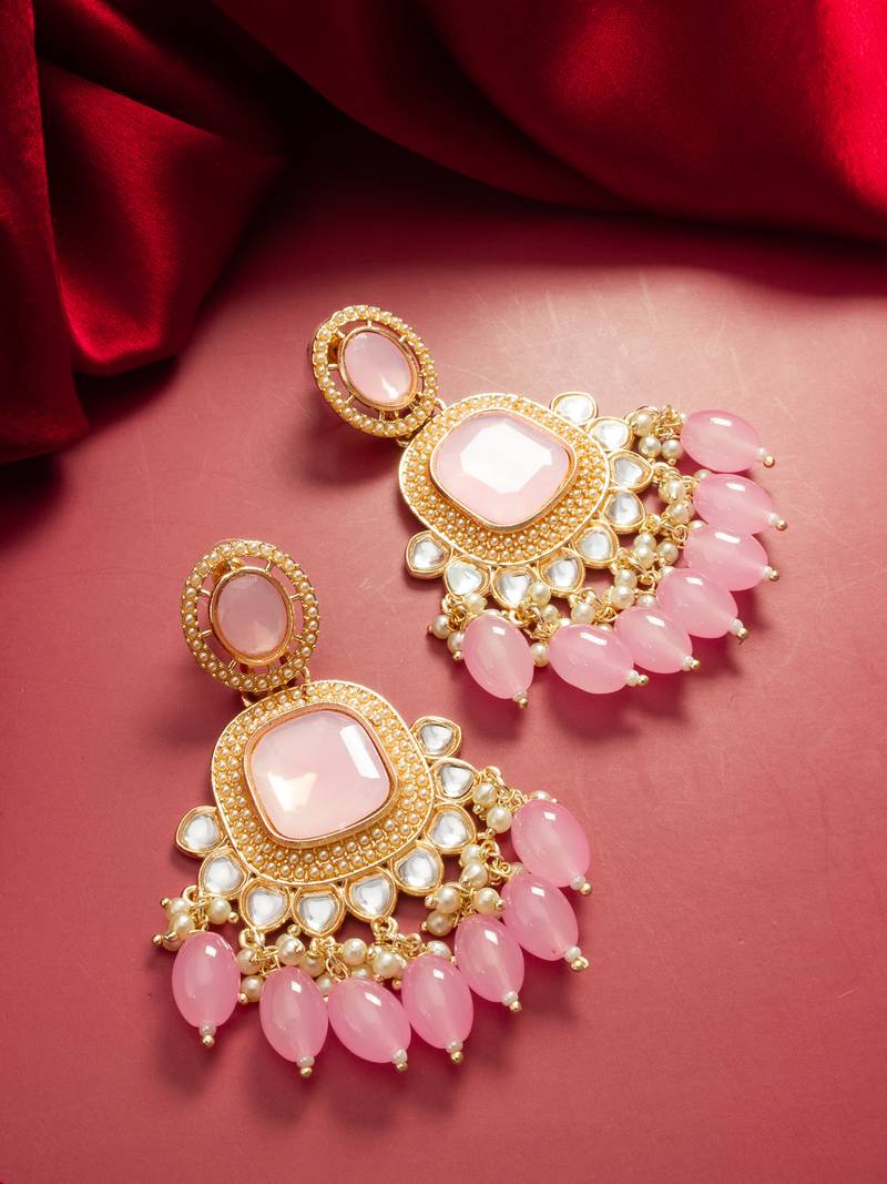 kundan studded drop earrings with bead clusters
