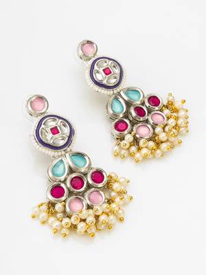 multicolour kundan and pearl cluster drop earrings 2