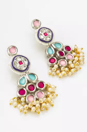 multicolour kundan and pearl cluster drop earrings